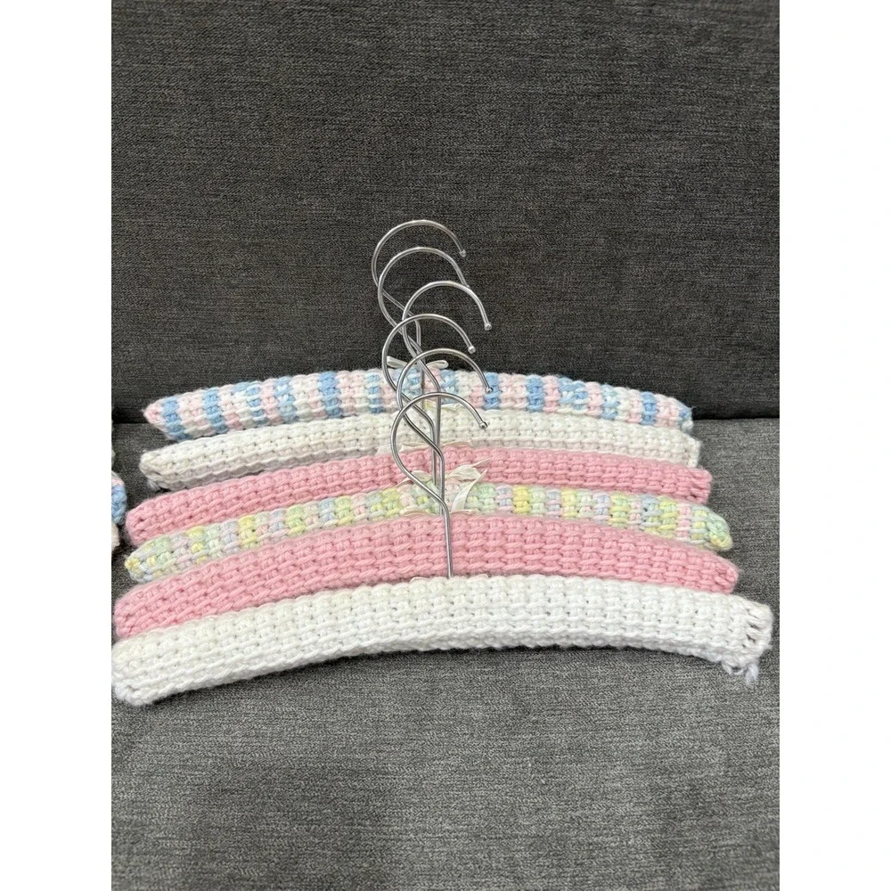 Colorful Baby Vintage 12 Handmade Crochet Yarn Covered Wooden Hangers Metal Hook